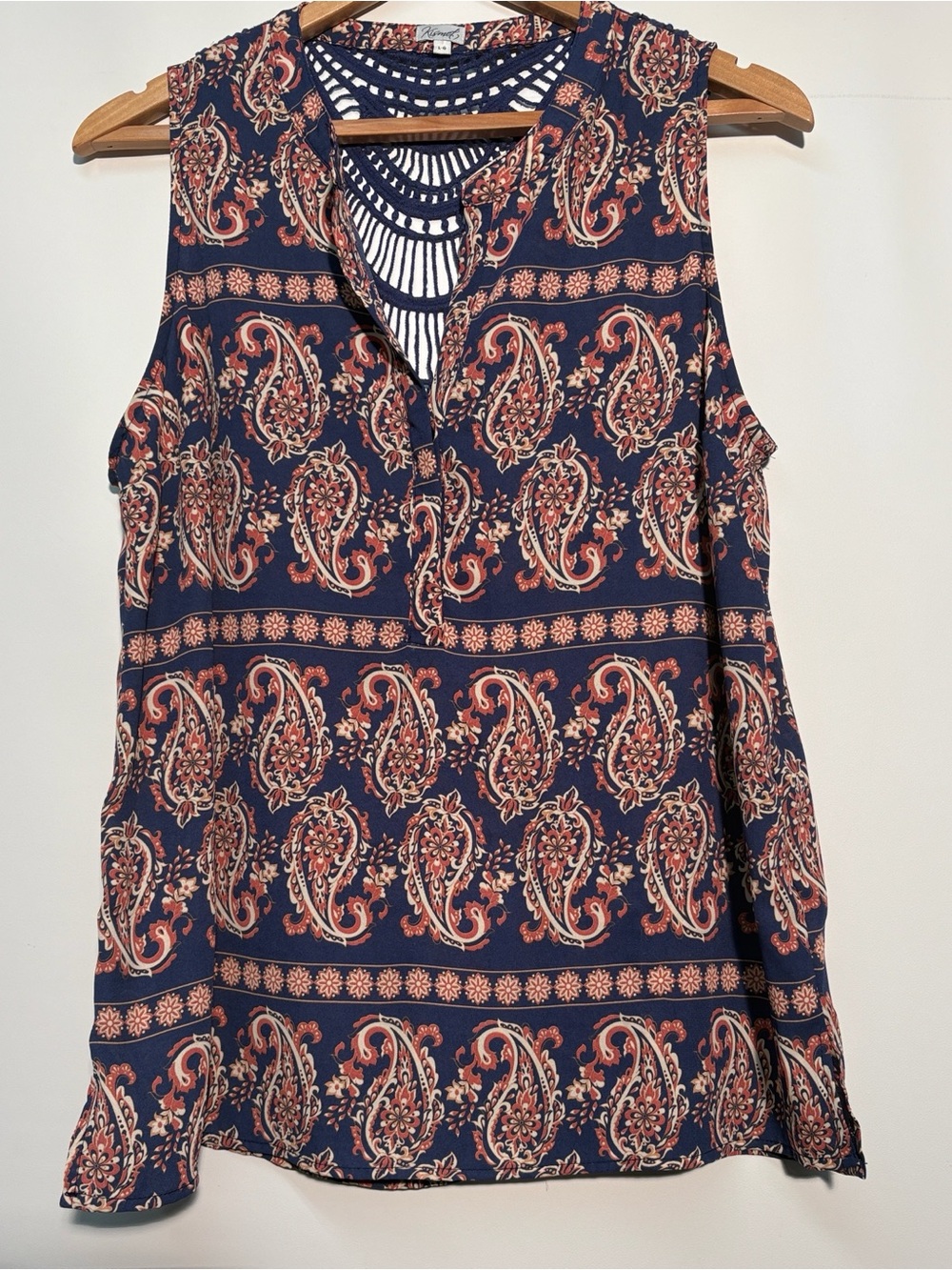 Kismet Navy Paisley Sleeveless V-Neck Top with Coral Accents
